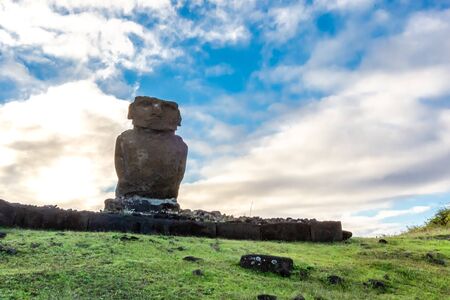 Anakena Beach on Easter Island or Rapa Nui in Chile. Moai at Ahu Nua Nua. South America.の写真素材