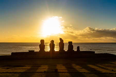 Easter Island, Moais in Ahu Vai Uri, Tahai Archaeological Complex, Rapa Nui National Park, Chile....