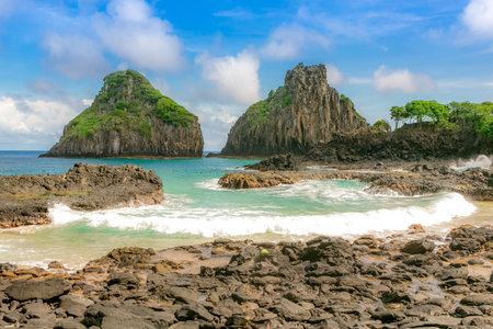 Fernando de Noronha, Brazil. Turquoise water around the Two Brothers rocks, UNESCO World Heritage...