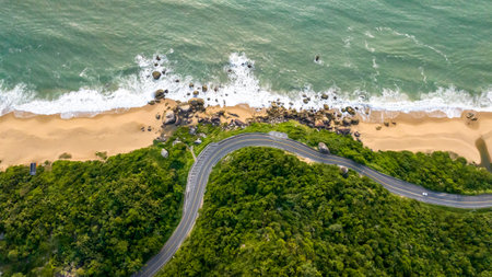 Balneario Camboriu in Santa Catarina. Taquaras Beach and Laranjeiras Beach in Balneario Camboriu. Aerial view in landscape. Brazil.の写真素材