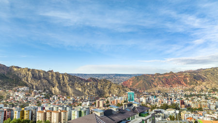 La Paz, Bolivia, aerial view flying over the dense, urban cityscape. San Miguel, southern district....