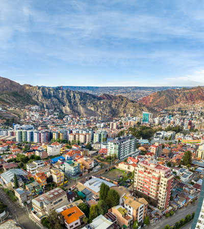 La Paz, Bolivia, aerial view flying over the dense, urban cityscape. San Miguel, southern district. South Americaの写真素材