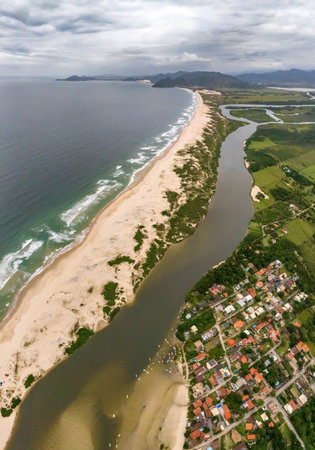 Guarda do Embau Beach located in the state of Santa Catarina near Florianopolis. Aerial image of beach in Brazil, South America.の写真素材