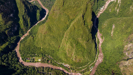 Urubamba river in Machu Picchu, Peru. Aerial viewの写真素材