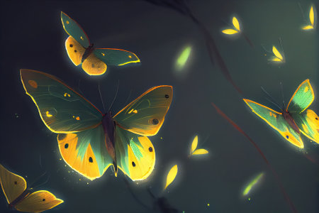 yellow-green luminous butterflies fly on a dark backgroundの素材