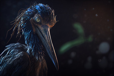 portrait of a marabou stork on a dark background in cold night colorsの素材