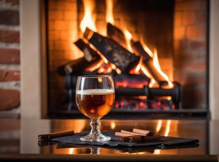 a glass of cognac in front of fireplaceの素材