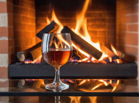 a glass of cognac in front of fireplaceの素材