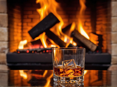 a glass of whiskey in front of fireplaceの素材