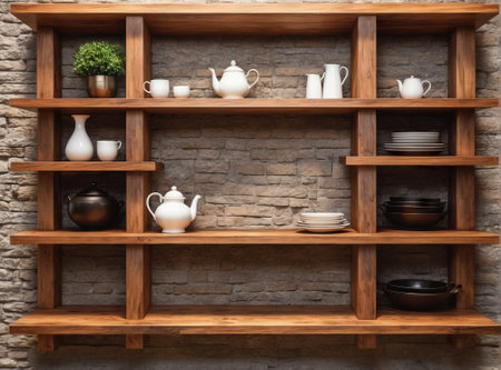 Wooden shelves with ceramic dishes and teapots on brick wall backgroundの素材