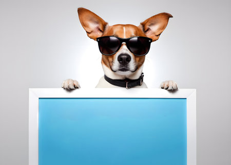 dog with sunglasses and blank poster on gray backgroundの素材