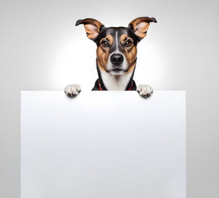 cute dog with blank board on gray background, space for textの素材