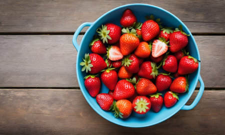 Strawberries in a blue bowl on wooden background. Top view.の素材