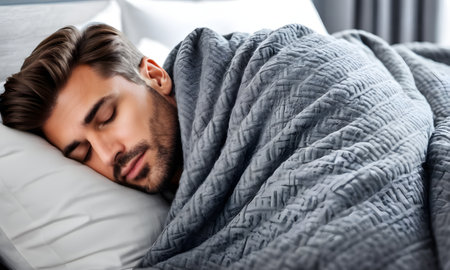 Cute guy sleeping in the bedroomの素材