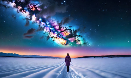 Woman walking on snow covered field with colorful starry sky in backgroundの素材