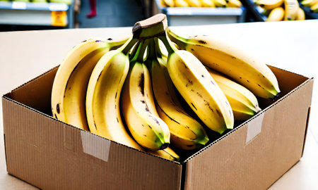 Yellow bananas in the boxes. Exotic fruit and cardboard box.の素材