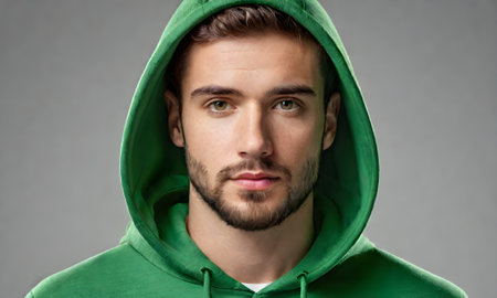 Handsome man wear green set of track suit isolated on gray backgroundの素材