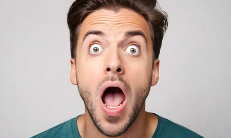 Surprised male with mouth open, receives positive unexpected news, isolated over white background. Omg concept.の素材