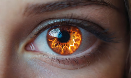 Close-up of human eye with fire in it. Macro shotの素材