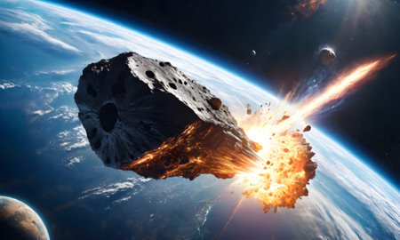 Planet Earth and big asteroid in the space.の素材