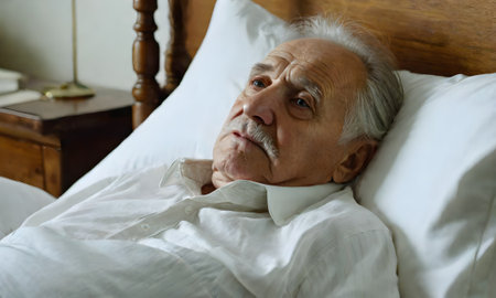 Elderly man lying in bed at home and looking at cameraの素材