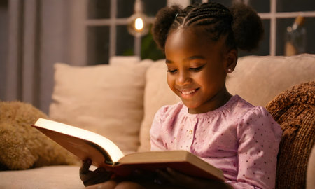 Cute little Afro-American girl reading a book and smiling while lying on a sofa in the room.の素材