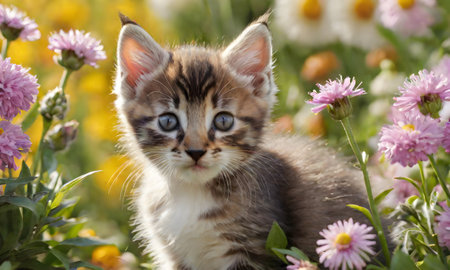 cute little bengal kitten in the garden on flower backgroundの素材