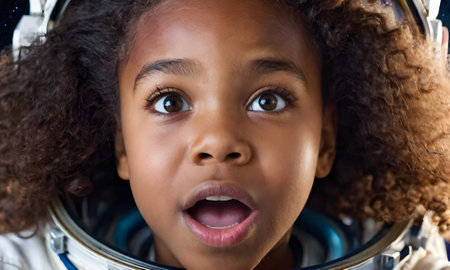 Portrait of cute African American little girl in astronaut suitの素材