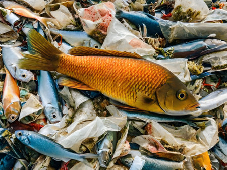 Carp on the garbage. Pollution of the environment concept.の素材