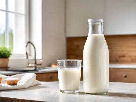 Fresh milk in a bottle in the kitchenの素材