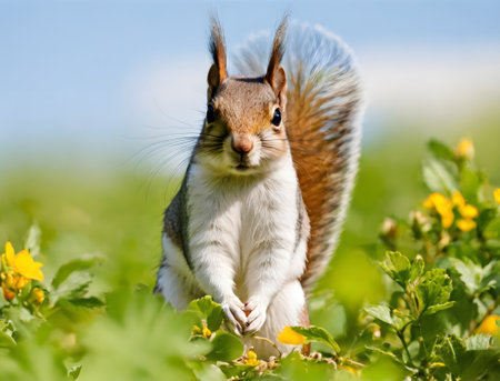 Beautiful wild squirrel on a tree in summer town parkの素材