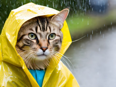 Portrait of a cat in a yellow raincoatの素材
