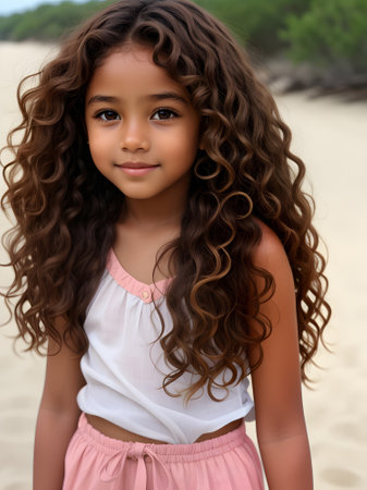 Portrait of a beautiful little girl with curly hair on the beachの素材