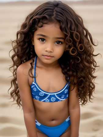 Portrait of a beautiful African American little girl on the beachの素材