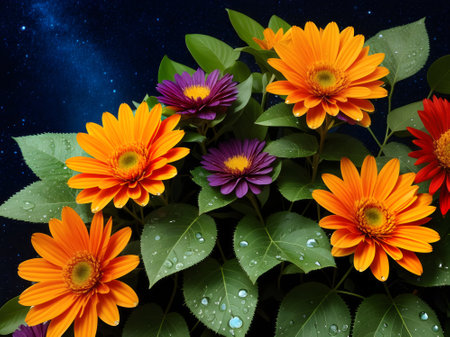 Bouquet of orange daisies with green leaves and water dropsの素材