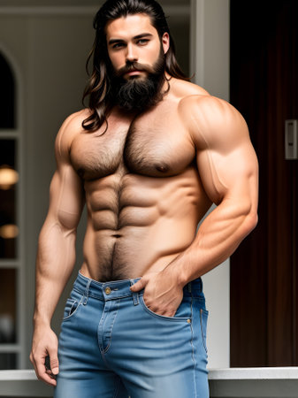 Handsome young man with a long beard and moustache posing shirtless in jeansの素材