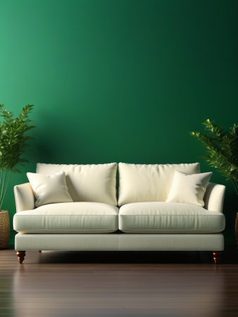 Living room interior with white sofa and green wall.の素材
