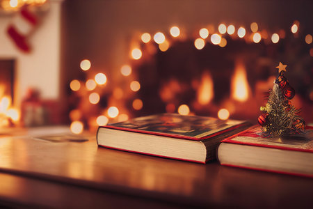 Christmas evening with a book by the burning fireplace. Glowing lights at the Xmas tree. Blurry bokeh xmas postcard background.の写真素材