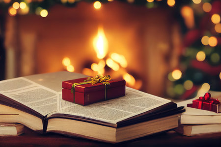 Books at the table by the fireplace in Christmas evening. Xmas ambience room with gifts and bokeh lights poscard backdrop.の写真素材