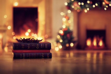 Books at the table by the fireplace in Christmas evening. Xmas ambience room with gifts and bokeh lights poscard backdrop.の写真素材