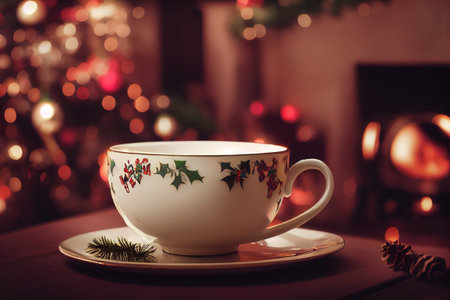 Cup of Steaming Hot Tea and Xmas lights and Candles bokeh background.の写真素材