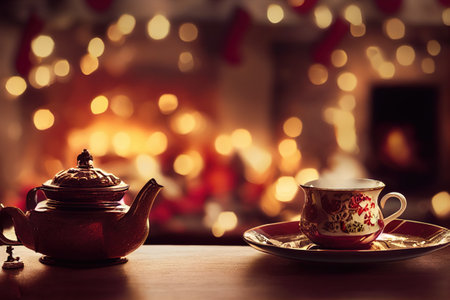 Cup of Steaming Hot Tea and Xmas lights and Candles bokeh background.の写真素材