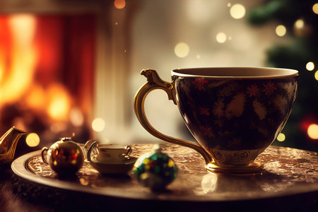 Cup of Steaming Hot Tea and Xmas lights and Candles bokeh background.の写真素材