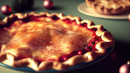 Christmas Pie with Christmas decorations on the dinner table. Xmas decorated pancake.の写真素材