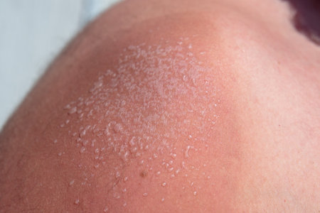 fresh little sunburn bubbles on a man's shoulder. use uv protectionの写真素材