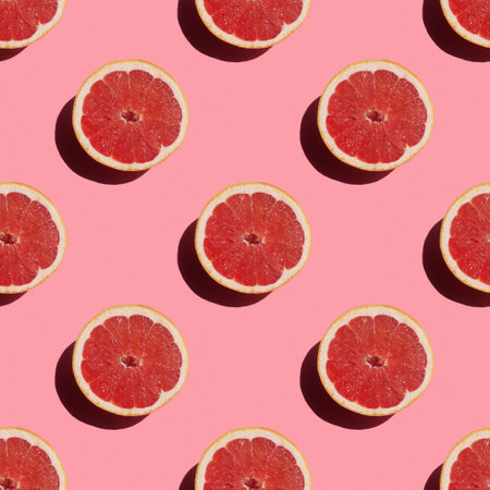 Colorful seamless pattern of fresh ripe grapefruit with a shadow on a pink backgroundの写真素材