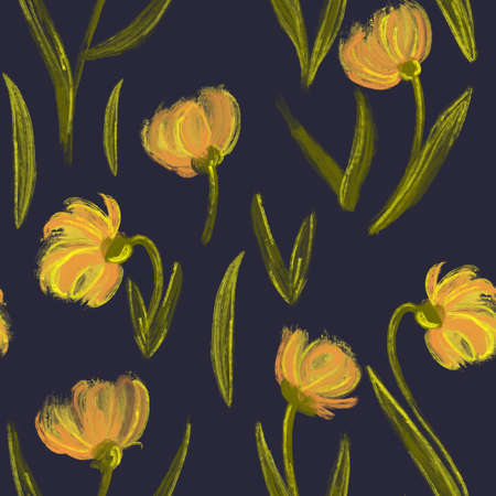 Plants and flowers seamless pattern. Beautiful and delicate hand drawn oil-styled yellow flowers and...