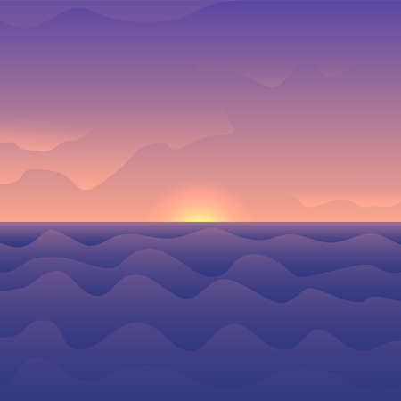Vector illustration of a beautiful cartoon-style sunset at a wavy seaのイラスト素材