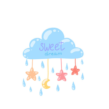 Cute vector rainy cloud with sweet dreams sign with stars and moon hanging on it. Image for kids apparel and stuff.のイラスト素材