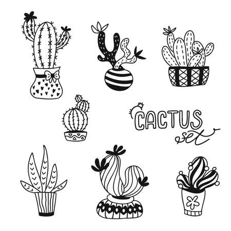 Vector set of different cactuses in a pots hand drawn in doodle style in a black and white colorsのイラスト素材